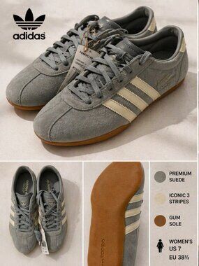 Adidas Tokyo W Sneakers Women 7 Gray Suede Cream Stripes Gum Sole Originals